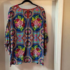 Anthropologie Blue Floral Blouse with Red and Yellow Accents NWOT
